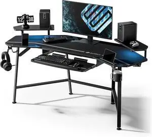 EUREKA ERGONOMIC Gaming Desk Wing Shaped Keyboard Tray 72 Inch Black | LED monitor stand with dual headphone hooks and cup holder, built for gaming, streaming, and studio setups EUREKA ERGONOMIC Gaming Desk Wing Shaped Keyboard Tray 72 Inch Black | LED monitor stand with dual headphone hooks and cup holder, built for gaming, streaming, and studio setups