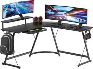 SHW 51 x 51 L-Shaped Corner Desk w/Monitor Stand and Drawer, Black | Drawer with adjustable compartments SHW 51 x 51 L-Shaped Corner Desk w/Monitor Stand and Drawer, Black | Drawer with adjustable compartments