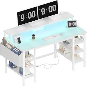 Lufeiya White Desk with Storage Shelves - 47 inch Home Office Gaming Desk with Monitor Stand, Computer Desk with LED Lights and Power Outlets, White Lufeiya White Desk with Storage Shelves - 47 inch Home Office Gaming Desk with Monitor Stand, Computer Desk with LED Lights and Power Outlets, White