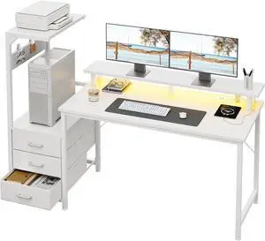 AODK 59 Inch Gaming Desk with USB Charging Ports & LED Light- Reversible Computer Desk with Storage Shelves & Monitor Stand, Modern Gamer Desk Table with Fabric Drawers, White AODK 59 Inch Gaming Desk with USB Charging Ports & LED Light- Reversible Computer Desk with Storage Shelves & Monitor Stand, Modern Gamer Desk Table with Fabric Drawers, White