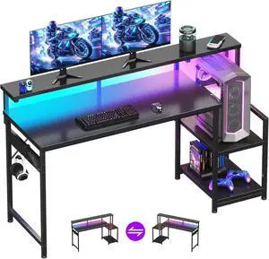 AODK 55 Inch Gaming Desk with LED Lights & CPU Stand, Carbon Fiber Black | Computer Desk with Storage Shelves, Reversible Desk with Monitor Stand AODK 55 Inch Gaming Desk with LED Lights & CPU Stand, Carbon Fiber Black | Computer Desk with Storage Shelves, Reversible Desk with Monitor Stand