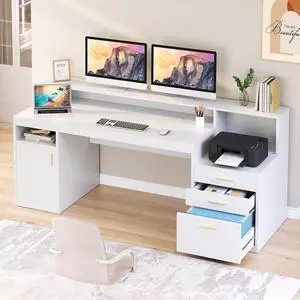 65" White Computer Desk with 3 Drawers & Printer Shelf for Home Office | White Desk with Printer Shelf & File Drawer, Executive Desk Writing Study Table with Monitor Stand, Storage Cabinet 65" White Computer Desk with 3 Drawers & Printer Shelf for Home Office | White Desk with Printer Shelf & File Drawer, Executive Desk Writing Study Table with Monitor Stand, Storage Cabinet