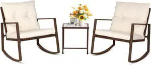SUNCROWN 3 Piece Outdoor Rocking Bistro Set Brown Wicker Furniture Porch Chairs Conversation Sets with Glass Coffee Table, Beige SUNCROWN 3 Piece Outdoor Rocking Bistro Set Brown Wicker Furniture Porch Chairs Conversation Sets with Glass Coffee Table, Beige
