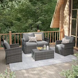 JOIVI 4 Pcs Patio Furniture Set, Wicker Patio Conversation Set, Light Gray JOIVI 4 Pcs Patio Furniture Set, Wicker Patio Conversation Set, Light Gray