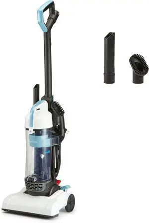 Basics Upright Bagless Vacuum Cleaner for Carpet and Hard Floors, With Crevice and Upholstery Tools, Detachable Handle, Lightweight (8.4 lbs), 1.7L Dust Cup, 720W, 25ft Cord, Black/White