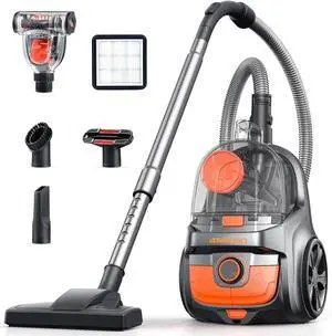 Aspiron Canister Vacuum Cleaner, 30Kpa Bagless Vacuum Cleaners, 3.7QT Large Dust Cup, Double HEPA Filter, Retractable Cord, 1600W Lightweight Vacuum Cleaner with 5 Tools for Hard Floors, Persimmon