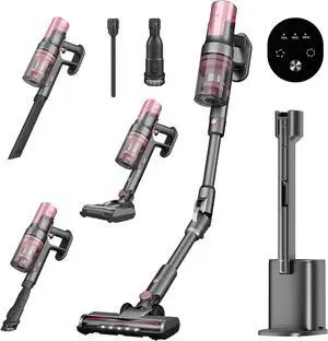 COWSAR Cordless Vacuum Cleaner with HEPA Filter, Power Detect Clean & Empty, Auto-Empty System, Rechargeable, Portable Handheld Attachment, Stick Vacuum for Pet Hair, Carpets & Hardfloor, Pink