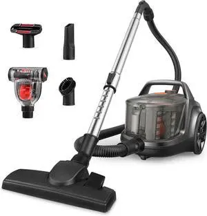 Orgtoy 24Kpa Canister Vacuum Cleaner, 1200W Bagless Canister Vacuum with 2 HEPA Filters, 5 Brushes, Automatic Cord Rewind, Variable Speed for Hard Floors, Hardwood, Cars, 3.5L, Black