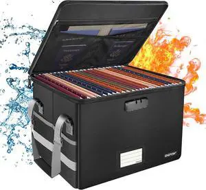 ENGPOW File Box with Lock,Fireproof Document Box with ZipperPockets,Collapsible File Organizer Filing Storage Cabinet with Handle,Portable Home Office Safe for Hanging Letter/Legal Folder,Black