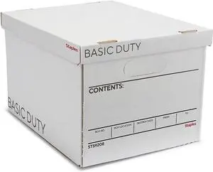 STAPLES Storage & Filing Box, Heavy-Duty with Handles & Removable Lid, Letter & Legal Size Documents, Stackable, 10-Pack, White/Black