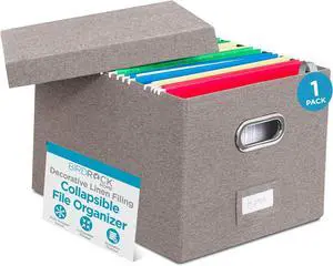 Internet's Best Collapsible File Box Storage Organizer with Lid - Decorative Linen Filing & Storage Office Boxes  Hanging Letter/Legal Folder  Home Office Bins Cabinet  Grey Container - 1 Pack