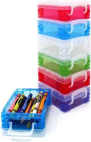 Storage Box, School Supplies Super StackerCrayon Box, Clear Storage Organizer - Stackable Boxes - 1.6 inch x 3.5 inch x 4.8 inch - Assorted Colors (May Vary) - 6 Pack