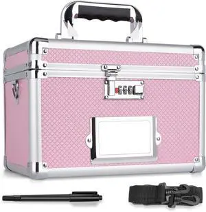 11 x 7 x 8.3 Inch Lockable Storage Box with Combination Lock, Portable Safe for Documents, Medicine, Cash & Valuables, Medicine Lock Box with Label Slot for Home, Office & Travel - Pink