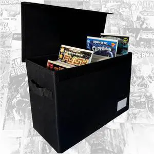 Comic Book Storage Box With Divider Built In (Removable)- Black Comic Book Box, Water Resistant, Holds 150 Comic Books, Full-length Velcro Flip-Top Enclosure, Comic Book Storage Box label pocket