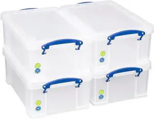 Really Useful Box 9 Litre Plastic Storage Box Clear, Multi-purpose stacking storage, with a lid and clip lock handles, Ideal for home, office, school and arts and crafts storage (Pack of 4)