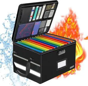 File Box with Lock, Fireproof Document Box with 10 Tab&Inserts, Collapsible File Organizer Filing Cabinet Box, Fire Proof Safe File Cabinets for Home Office Hanging Letter/Legal Folder