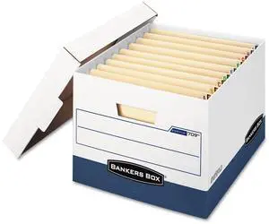 Bankers Box 12 Pack STOR/File End Tab Heavy-Duty File Storage Boxes, FastFold, Lift-Off Lid, White/Blue