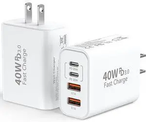 USB C Wall Fast Charger Block 40W 4-Port Type C Charger Fast Charging Blocks PD Power Charger Adapter+QC 3.0 USB Multiport Charger Brick for iPhone 17/16/15/14/13/12 Pro Max iPad Galaxy S25-2Pack