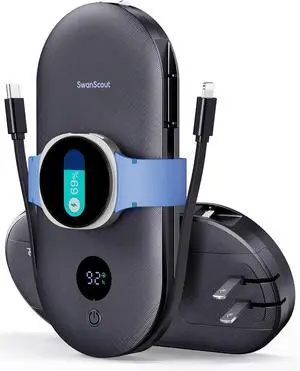 Portable Charger for Samsung Watch 8 Classic/8/Ultra/7, 10000mAh Power Bank with Built-in Cables & Wall Plug, 302S Travel Battery Pack Compatible with iPhone, Samsung, and More