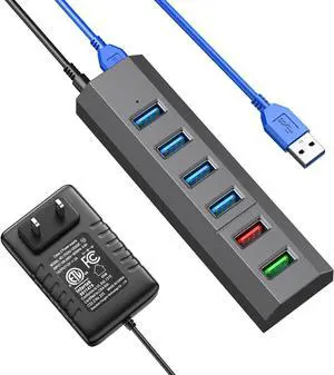 USB Hub, Aiibe 6 Ports Super High Speed USB 3.0 Hub Splitter + Power Adapter + USB 3.0 Cable, Powered USB Hub - Gray