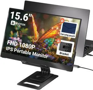 Ingnok Portable Monitor, Ultra Slim 15.6 Inch FHD IPS Laptop Screen Extender with Adjustable Stand, USB C Compatible, Ideal for Travel and Office