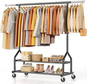 EAGMAK Heavy Duty Clothes Rack Load 556 LBS, Rolling Clothing Rack With Shelves, Height Adjustable Metal Clothes Hanger with Wheels Portable Wardrobe Organizer Garment Rod for Hanging Clothes (Black)