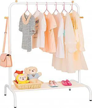 Kids Clothing Rack - Garment Rack with Bottom Storage Shelf for Children, Small Baby, & Toddler, Clothes Organizer, Shirts, Dresser, Hat, Backpack, Bedroom, White