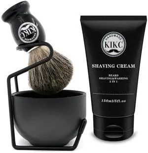 5 in 1 Shaving Kit for Wet Shave, Set Includes Hand Crafted Pure Badger Shave Brush, Stainless Steel Lathering Soap Bowl, Shave Brush Stand, Shaving Cream, Best Gift for Bearded Man, Deluxe Black