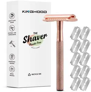 KINGHOOD Safety Razor Single Blade for Men with 10 Double Edge Blades Metal Reusable Eco Friendly Razors Rose Gold