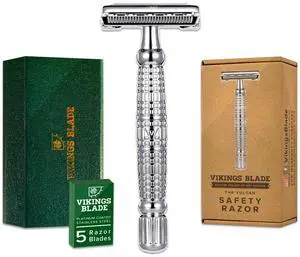 VIKINGS BLADE Double Edge Safety Razor for Men + 5 Swedish Steel Blades + Luxury Case. Long Handle. Smooth, Reusable, Eco-Friendly (The Vulcan)