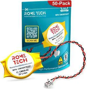 Rome Tech 50-Pack CMOS Battery for Dell Latitude 6430u, 7300, 7430, 7490 - Laptop Backup CMOS CR2032 BIOS RTC 3V - 2 Wire Cable
