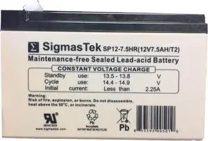 SigmasTek SP12-7.5HR - 12V 7.5AH F2 SLA Battery - Replaces: UB1270-F2, UB1280-F2 (D5779), APC CURK2, SC420, SUVS420, SU420NET, SU360SX, CP36U52, CP24U12D, CPS550SL, CPS500SL, 650SL SigmasTek SP12-7.5HR - 12V 7.5AH F2 SLA Battery - Replaces: UB1270-F2, UB1280-F2 (D5779), APC CURK2, SC420, SUVS420, SU420NET, SU360SX, CP36U52, CP24U12D, CPS550SL, CPS500SL, 650SL