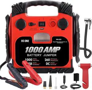 BS ONE 1000 Amp Peak Current Car Jump Stater, 12V Lead Acid Battey Jump Box with 260PSI Air Compressor, Jump Starter Battery Pack with Led Light & USB Output BS ONE 1000 Amp Peak Current Car Jump Stater, 12V Lead Acid Battey Jump Box with 260PSI Air Compressor, Jump Starter Battery Pack with Led Light & USB Output