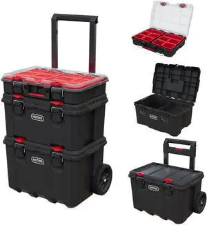 Keter Stack-n-Roll Modular Tools Organizer for Garage Storage and DIY, 3 Piece Resin Rolling Tool Box System for Small Parts, Black Keter Stack-n-Roll Modular Tools Organizer for Garage Storage and DIY, 3 Piece Resin Rolling Tool Box System for Small Parts, Black