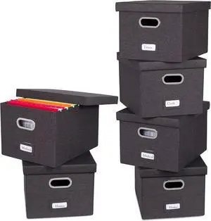 Internet's Best Collapsible File Storage Organizer with Lid - Decorative Linen Filing & Storage Office Box  Hanging Letter/Legal Folder  Home Office Bins Cabinet  Charcoal Container - 6 Pack