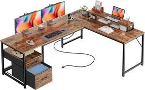 PRAISUN 63 Inch L Shaped Desk with Power Outlets and USB-C Port, Computer Corner Home Office Desk with File Fabric Drawers and Movable Monitor Stand, Larger Storage, Gaming, Writing, Rustic Brown