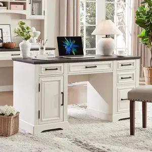 JXQTLINGMU 58" Executive Desk, Farmhouse Computer Desk with Drawers and Cabinet, Embossed Texture Home Office Desk w/Charging Station, Workspace for Work Study Writing, Off White