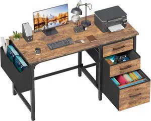 Lufeiya Computer Desk with Fabric File Drawers Cabinet, 47 Inch Reversible Home Office Desks with Filing Cabinet for Small Space, Study Writing Table PC Desks, Rustic Brown