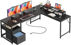 PRAISUN 63 Inch L Shaped Desk with Power Outlets and USB-C Port, Computer Corner Home Office Desk with File Fabric Drawers and Movable Monitor Stand, Larger Storage, Gaming, Writing, Work, Black