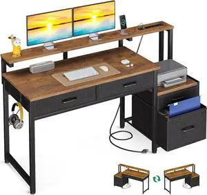 AODK Computer Desk with 4 Drawers, 48 Inch Office Desk with Power Outlet, Home Office Desk with Printer Space & File Drawers Cabinet, Work Desk Table for Home Office, Rustic Brown
