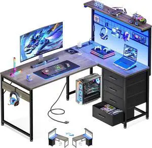 MOTPK L Shaped Gaming Desk with Shelf & 4 Drawers, 43" Reversible Computer Desk with LED Light, Home Office Table with Hutch and Hook, Oak Grey