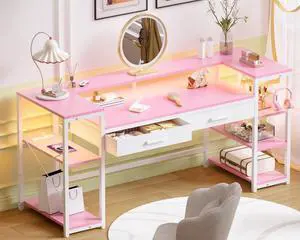 Pamray 58 Inch Computer Desk with Monitor Stand and Shelves Gaming Desk with LED Lights & Power Outlets PC Vanity Table with 2 Drawers for Home Office Pink