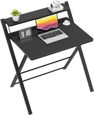 GreenForest No Assembly Folding Desk, 2-Tier Compact Computer Desk with Shelf, 30 inch Space Saving Foldable Table for Home Office, Dorm or Apartment, Portable Collapsible Sturdy Laptop Desk, Black