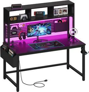 Black Gaming Desk with Hutch and Pegboard - 47 Inch Gaming Desk with Shelves Storage Power Outlets, Computer Teen Work Study Writing Desks for Bedroom Home Office