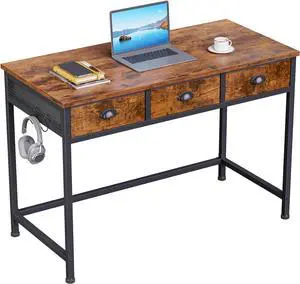 Furologee Small Computer Desk with 3 Fabric Drawers, 40 Inch Simple Home Office Desk, Writing Desk with Hooks, Study Table for Working Small Spaces, Makeup Desk for Bedroom, Rustic Brown