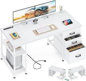 AODK 51 Inch Computer Desk with File Drawers & USB Power Outlets - Reversible Home Office Desk with Storage Shelves, Work from Home, Modern Work/Writing/Study Table for Bedroom, White