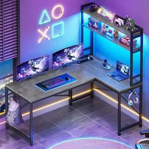 SEDETA L Shaped Computer Desk, 45.3 Small Office Desk, Corner Compuer Desk with Hutch, LED Lights, Power Outlet, Storage Shelves and Hooks for Home Office, Grey