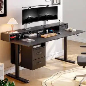Standing Desk with Drawers, 63x24 Inch Electric Stand Up Desk with 3 Drawers and Open Storage Shelf, Adjustable Height 28-46 Inches for Home and Computer Workstation, Black