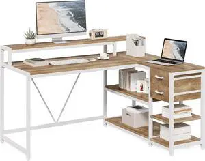 LITTLE TREE 55-Inch L-Shaped Computer Desk, Reversible Computer Desk with Drawers and Storage Shelves, Corner Desk Gaming Desk Work Desk for Home Office, Walnut