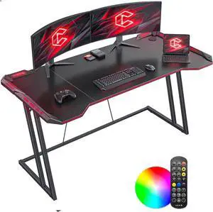 CubiCubi Gaming Desk with LED Lights, 55" Z Shaped Gamer Desk, Home Game Computer Desk with Carbon Fiber Surface, Ergonomic Office PC Workstation with Cable Management, Black